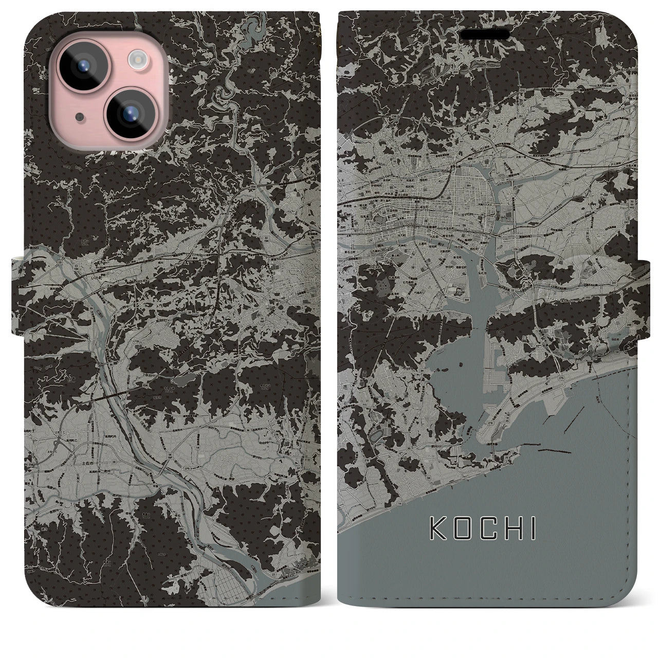 【高知(高知県)】地図柄iPhoneケース(手帳タイプ)モノトーン・iPhone 15 Plus 用