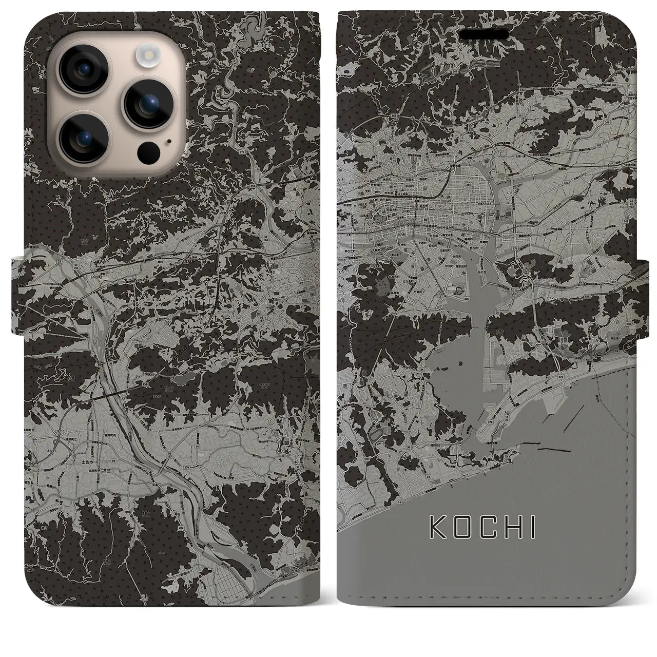 【高知(高知県)】地図柄iPhoneケース(手帳タイプ)モノトーン・iPhone 16 Plus 用