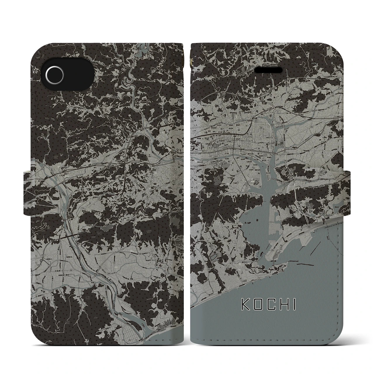 【高知(高知県)】地図柄iPhoneケース(手帳タイプ)モノトーン・iPhone SE(第3 / 第2世代) / 8 / 7 / 6s / 6 用