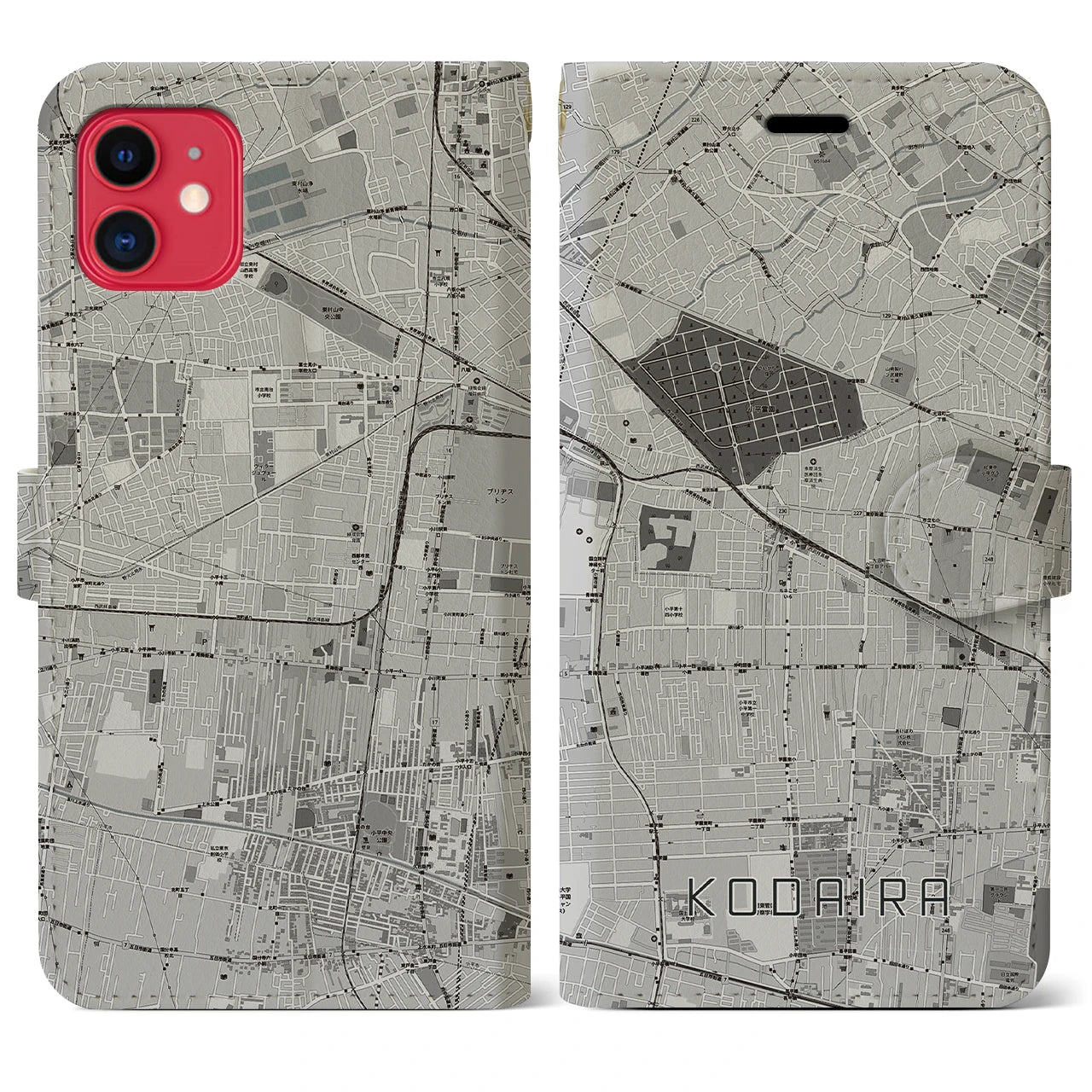 【小平(東京都)】地図柄iPhoneケース(手帳タイプ)モノトーン・iPhone 11 用