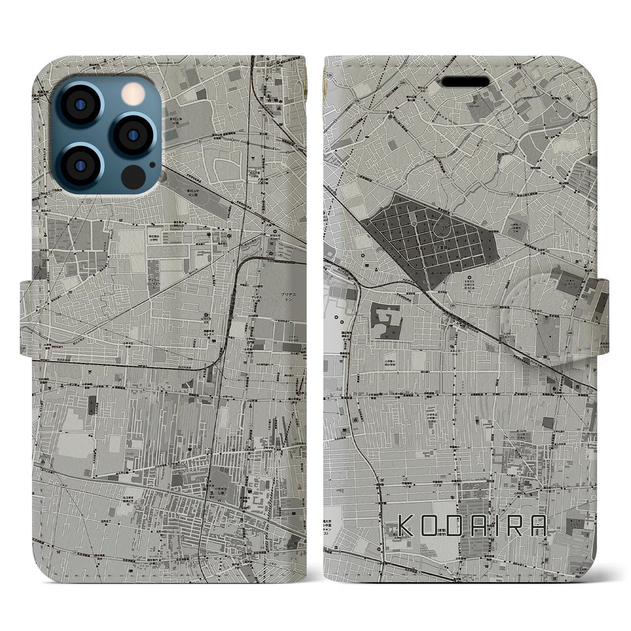 【小平(東京都)】地図柄iPhoneケース(手帳タイプ)モノトーン・iPhone 12 / 12 Pro 用