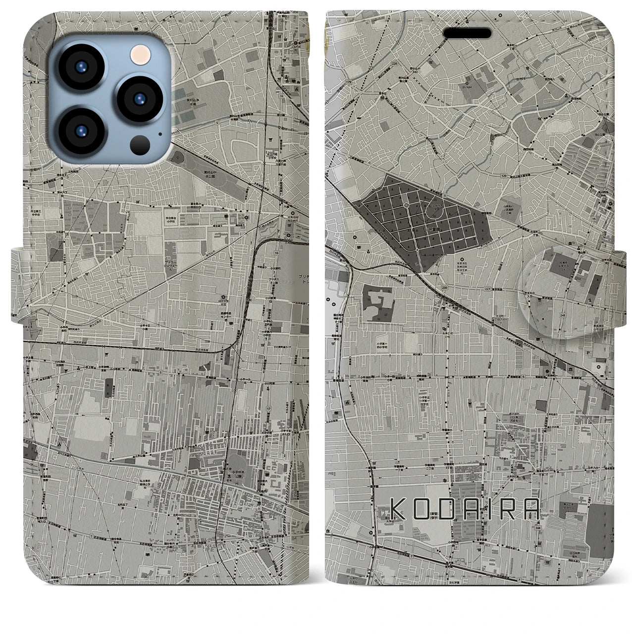 【小平(東京都)】地図柄iPhoneケース(手帳タイプ)モノトーン・iPhone 13 Pro Max 用
