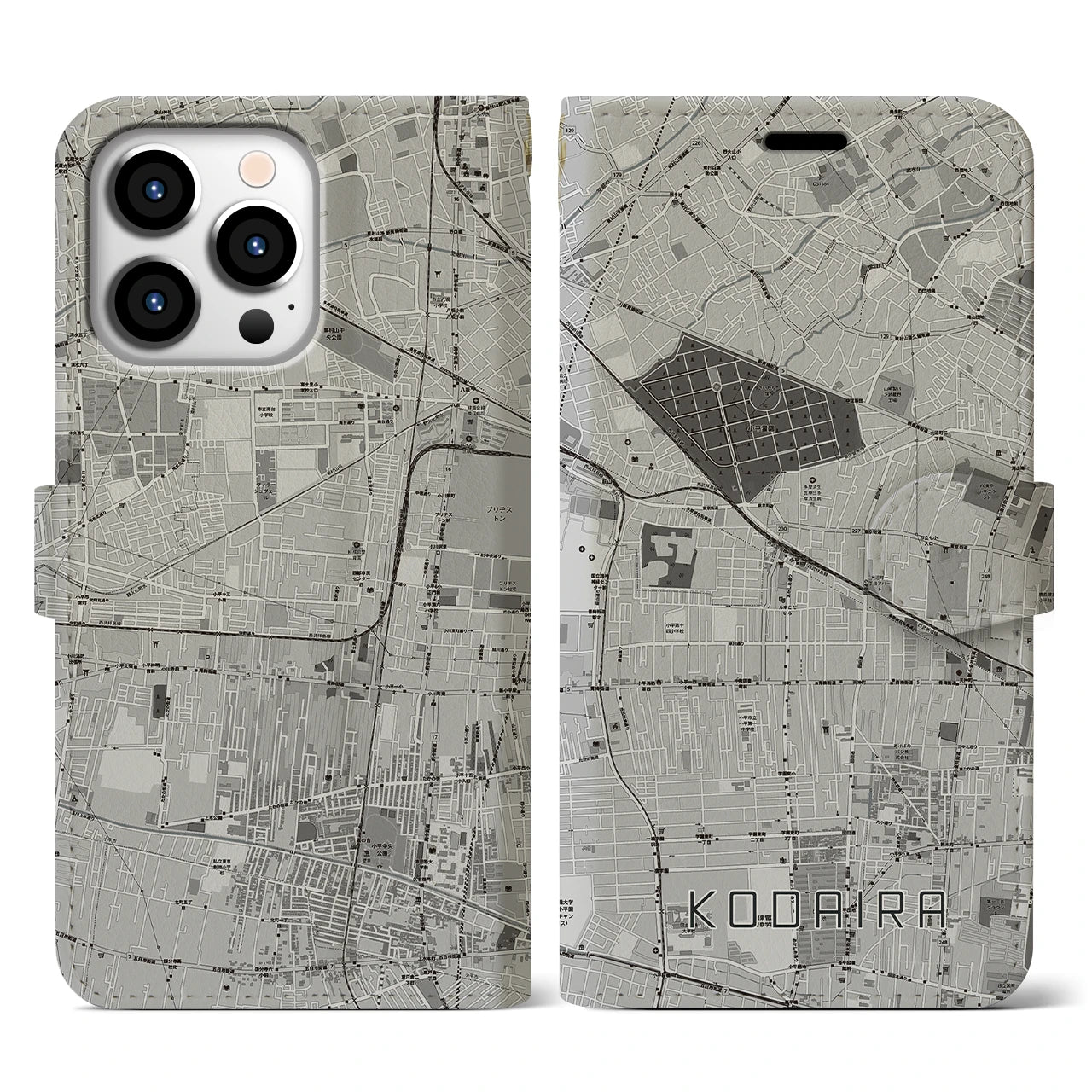 【小平(東京都)】地図柄iPhoneケース(手帳タイプ)モノトーン・iPhone 13 Pro 用