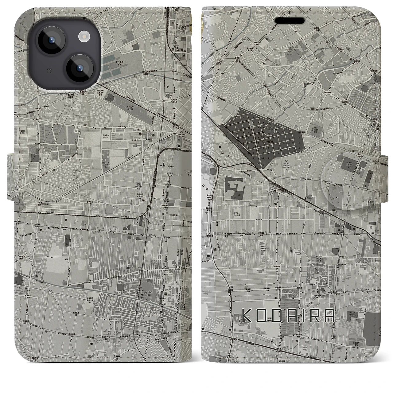【小平(東京都)】地図柄iPhoneケース(手帳タイプ)モノトーン・iPhone 14 Plus 用