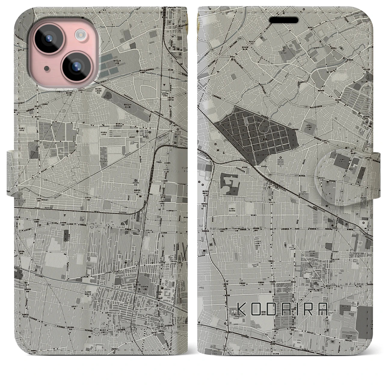【小平(東京都)】地図柄iPhoneケース(手帳タイプ)モノトーン・iPhone 15 Plus 用