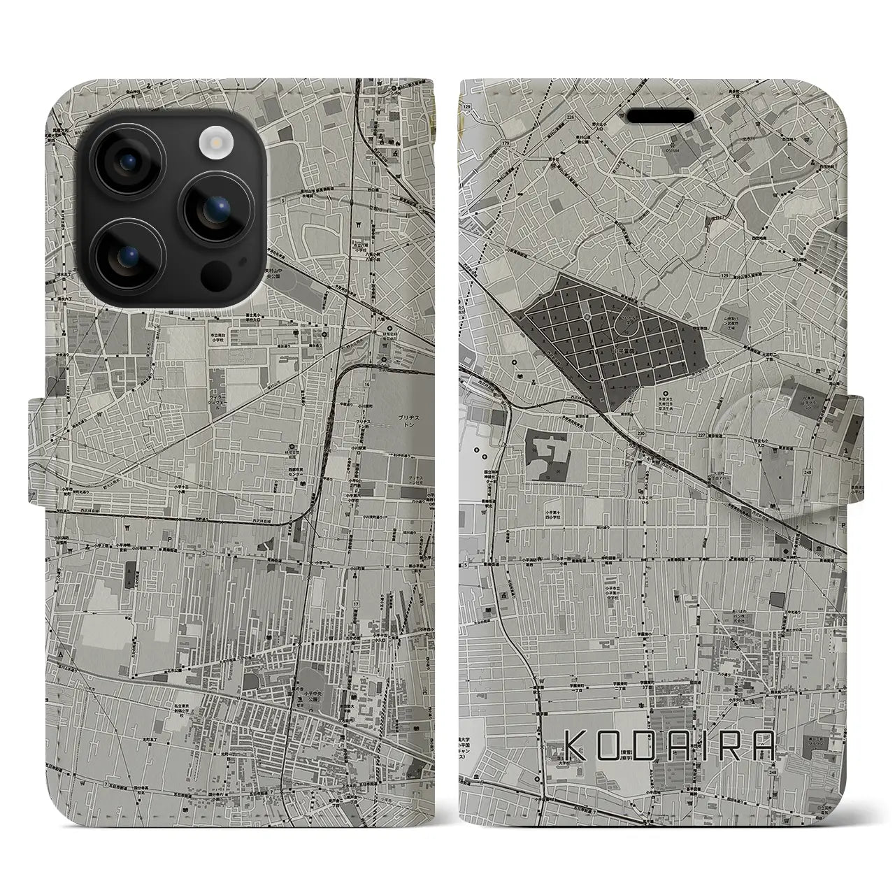 【小平(東京都)】地図柄iPhoneケース(手帳タイプ)モノトーン・iPhone 16 用