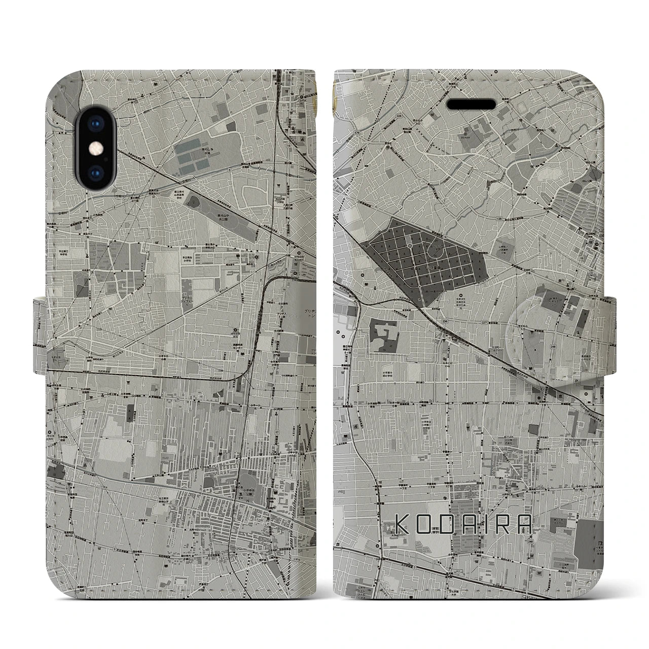【小平(東京都)】地図柄iPhoneケース(手帳タイプ)モノトーン・iPhone XS / X 用