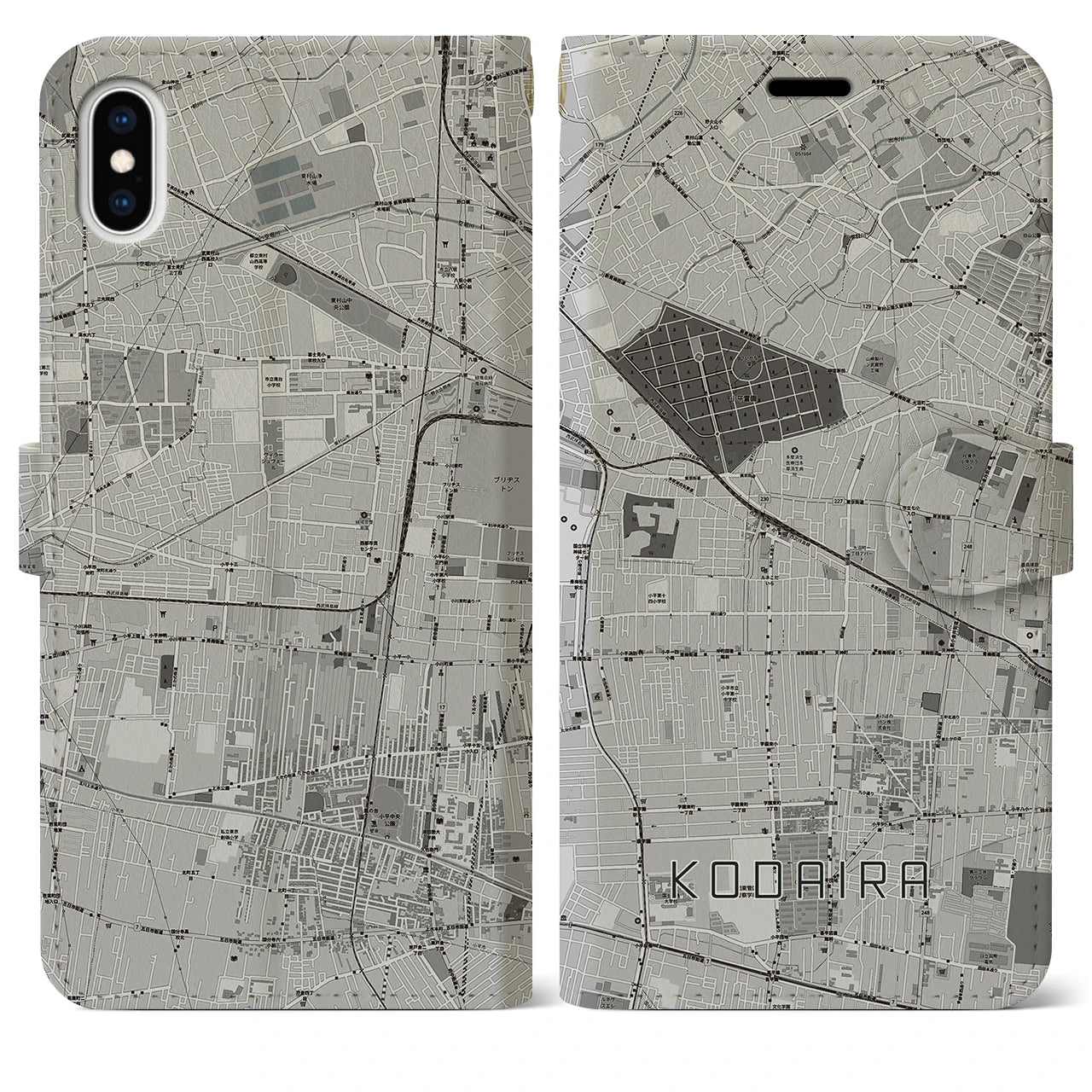 【小平(東京都)】地図柄iPhoneケース(手帳タイプ)モノトーン・iPhone XS Max 用
