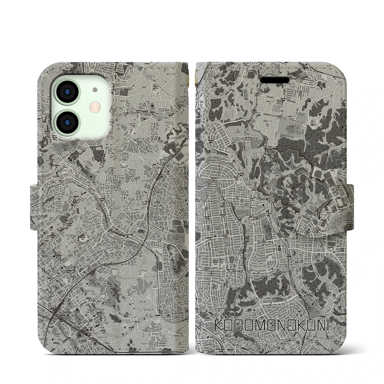 【こどもの国(神奈川県)】地図柄iPhoneケース(手帳タイプ)モノトーン・iPhone 12 mini 用