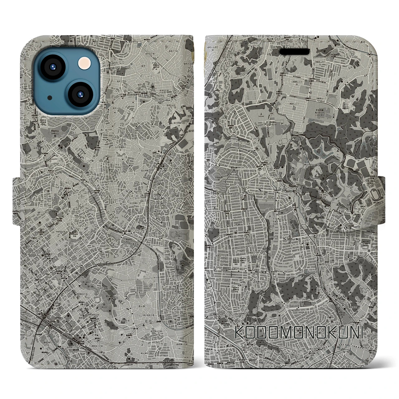 【こどもの国(神奈川県)】地図柄iPhoneケース(手帳タイプ)モノトーン・iPhone 13 用