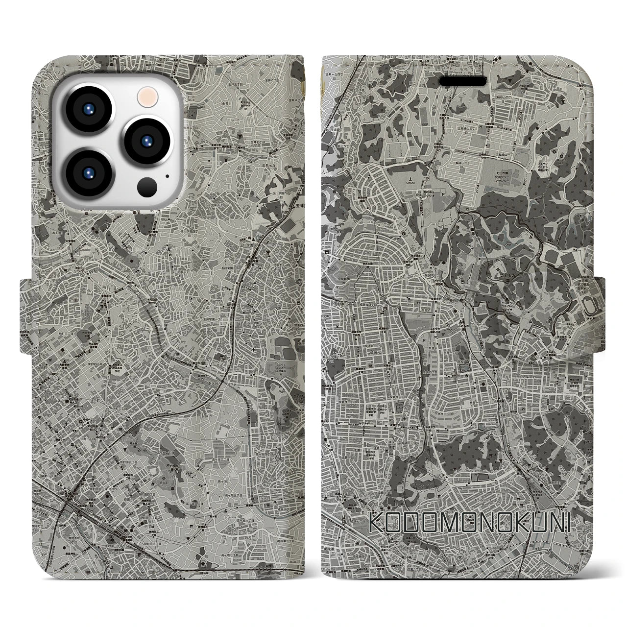 【こどもの国(神奈川県)】地図柄iPhoneケース(手帳タイプ)モノトーン・iPhone 13 Pro 用