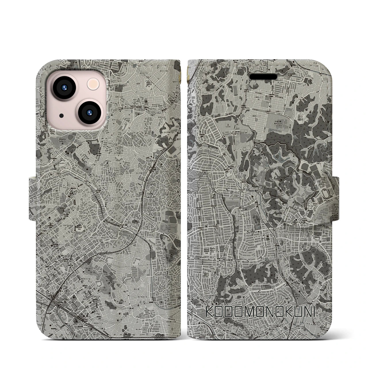 【こどもの国(神奈川県)】地図柄iPhoneケース(手帳タイプ)モノトーン・iPhone 13 mini 用