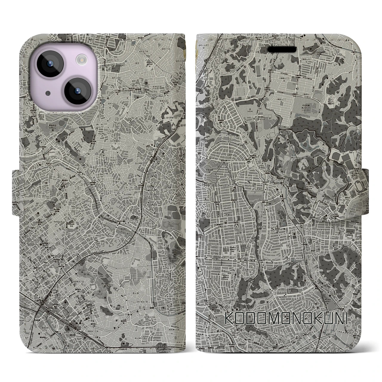 【こどもの国(神奈川県)】地図柄iPhoneケース(手帳タイプ)モノトーン・iPhone 14 用