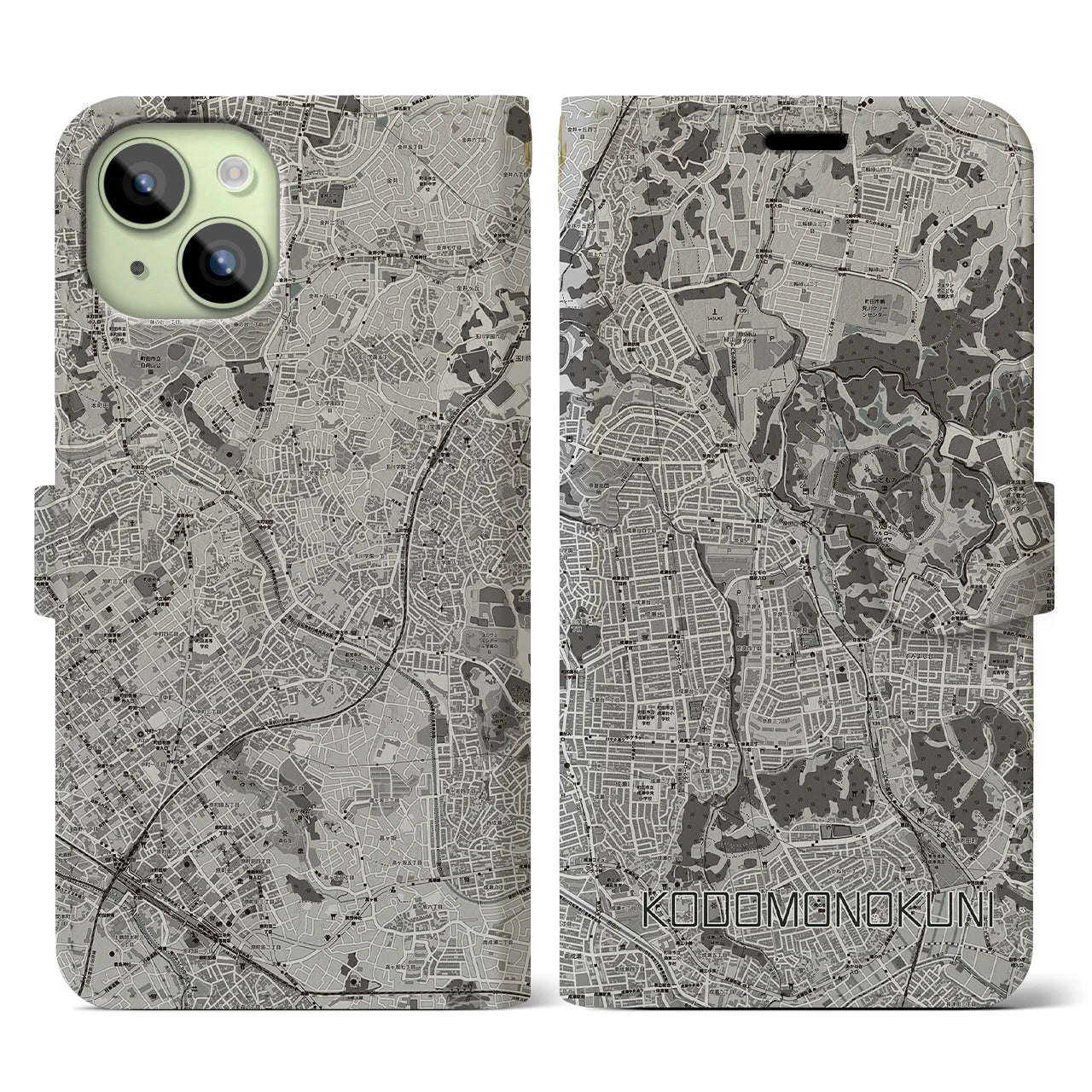 【こどもの国(神奈川県)】地図柄iPhoneケース(手帳タイプ)モノトーン・iPhone 15 用