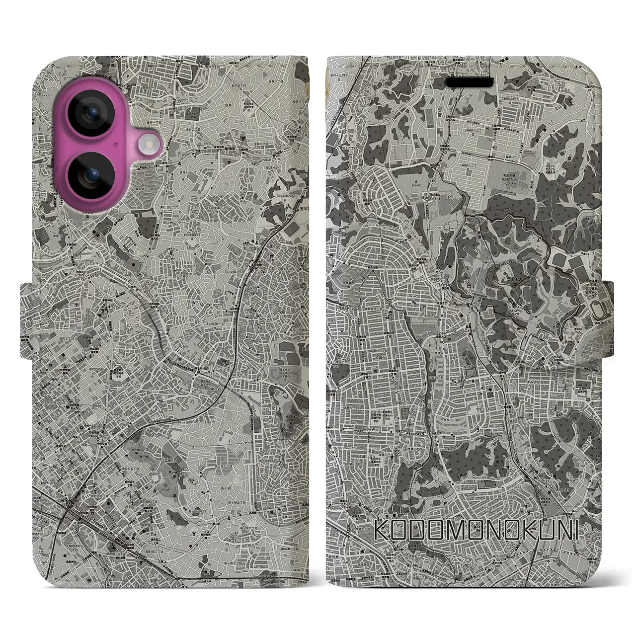 【こどもの国(神奈川県)】地図柄iPhoneケース(手帳タイプ)モノトーン・iPhone 16 Pro 用