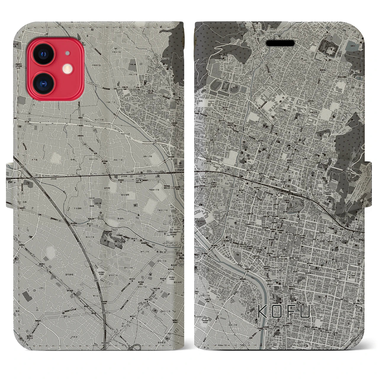 【甲府(山梨県)】地図柄iPhoneケース(手帳タイプ)モノトーン・iPhone 11 用
