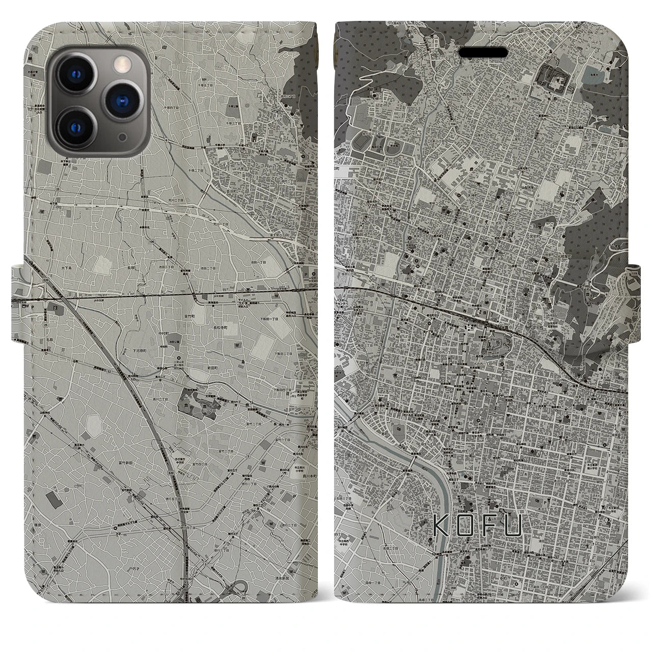 【甲府(山梨県)】地図柄iPhoneケース(手帳タイプ)モノトーン・iPhone 11 Pro Max 用