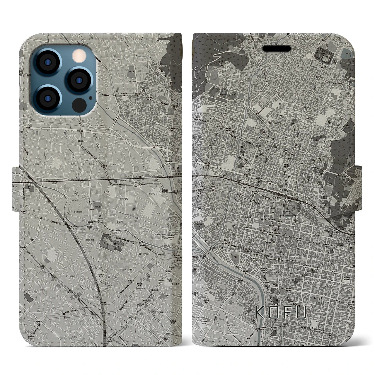 【甲府(山梨県)】地図柄iPhoneケース(手帳タイプ)モノトーン・iPhone 12 / 12 Pro 用