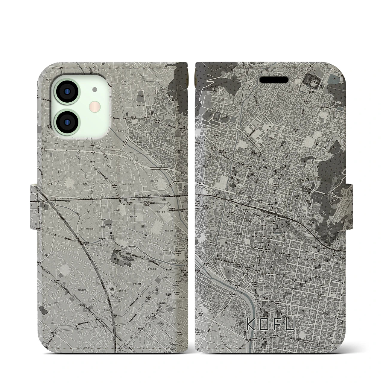 【甲府(山梨県)】地図柄iPhoneケース(手帳タイプ)モノトーン・iPhone 12 mini 用