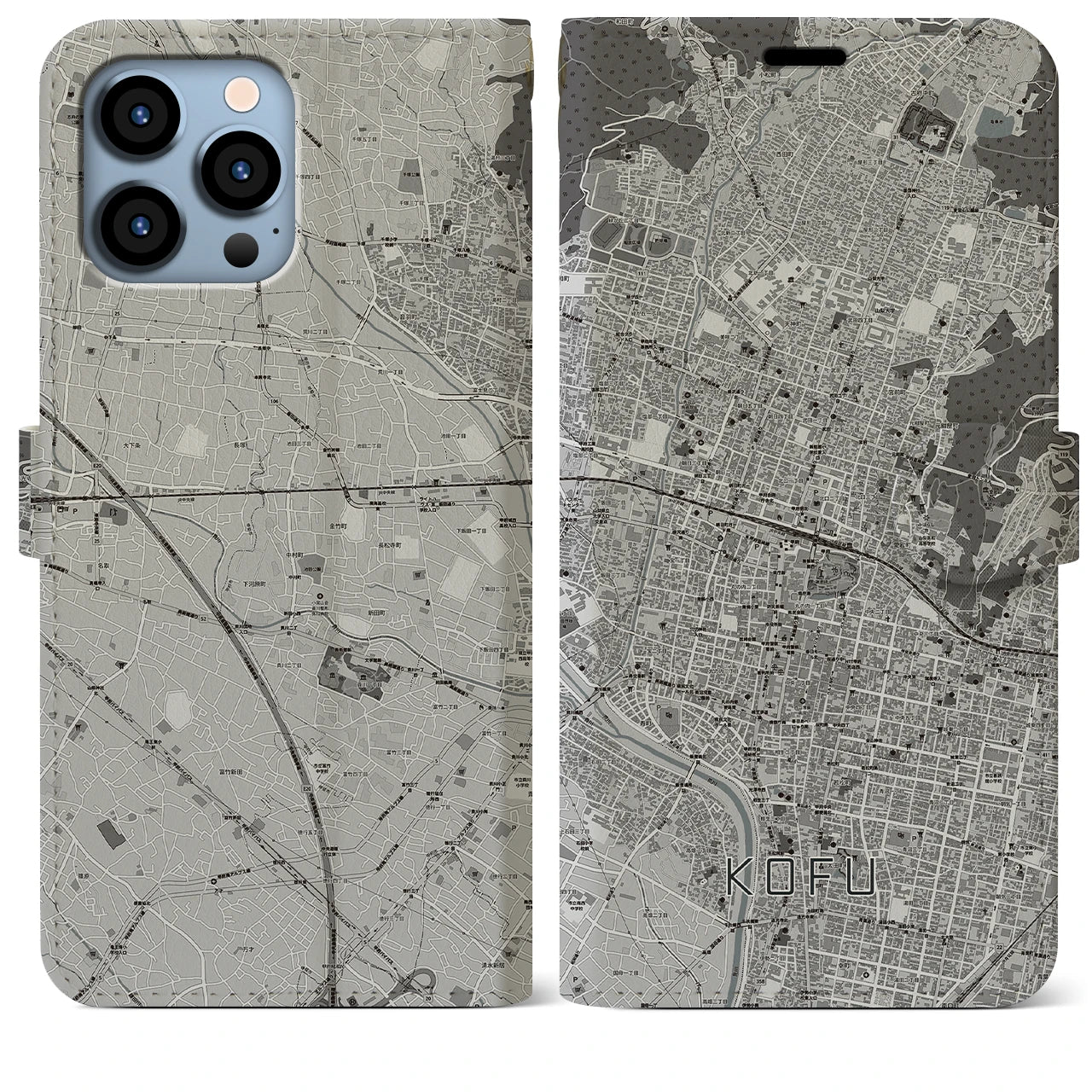 【甲府(山梨県)】地図柄iPhoneケース(手帳タイプ)モノトーン・iPhone 13 Pro Max 用