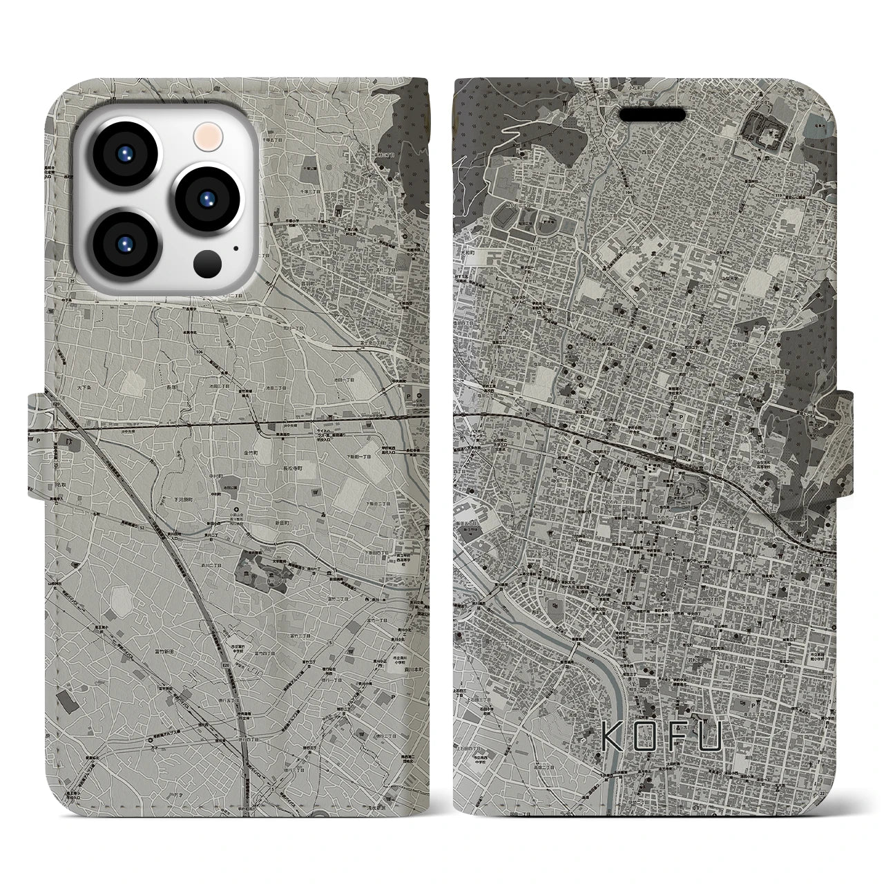 【甲府(山梨県)】地図柄iPhoneケース(手帳タイプ)モノトーン・iPhone 13 Pro 用