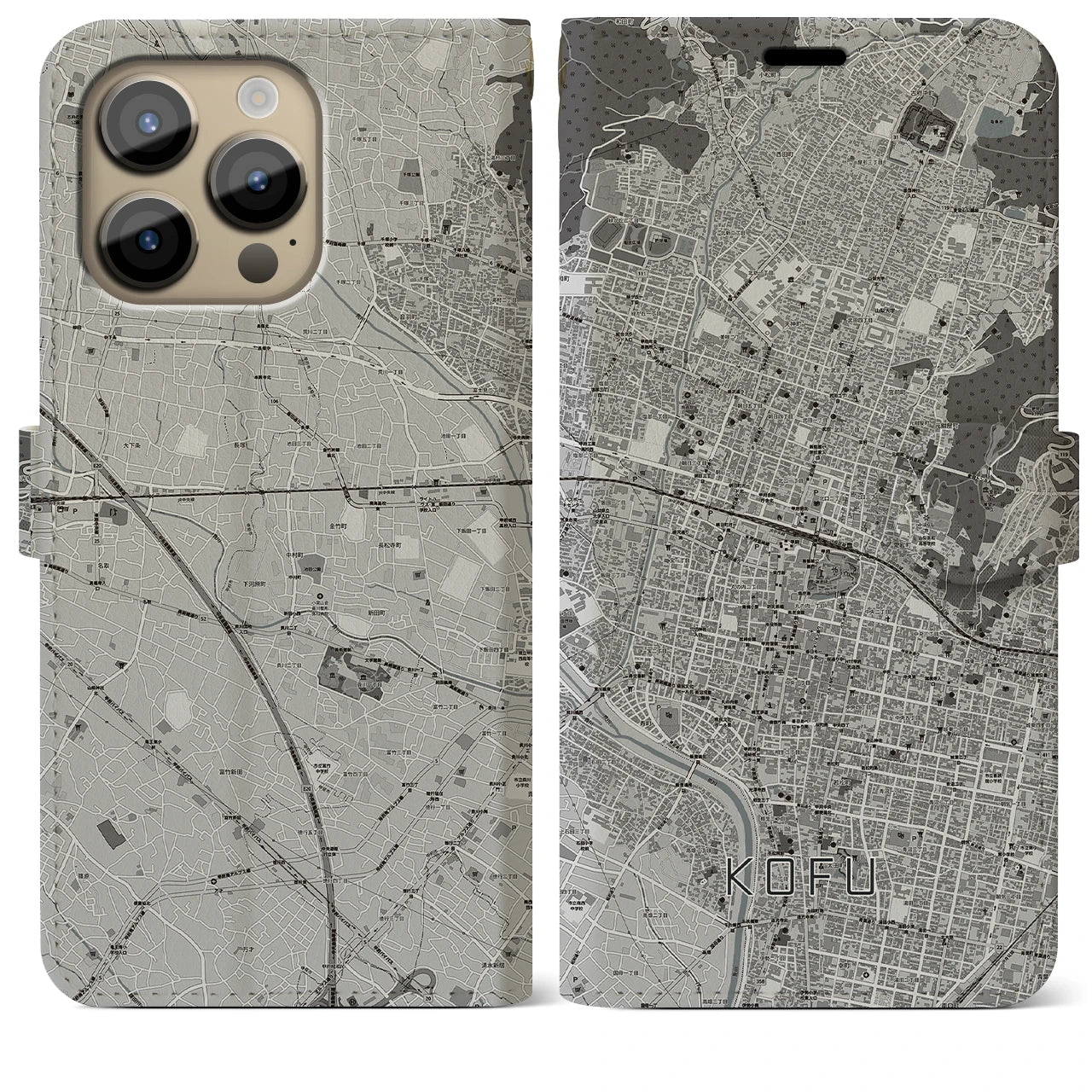【甲府(山梨県)】地図柄iPhoneケース(手帳タイプ)モノトーン・iPhone 14 Pro Max 用