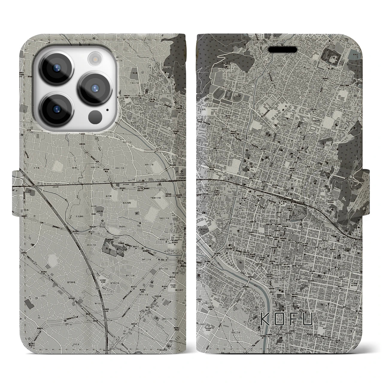 【甲府(山梨県)】地図柄iPhoneケース(手帳タイプ)モノトーン・iPhone 14 Pro 用