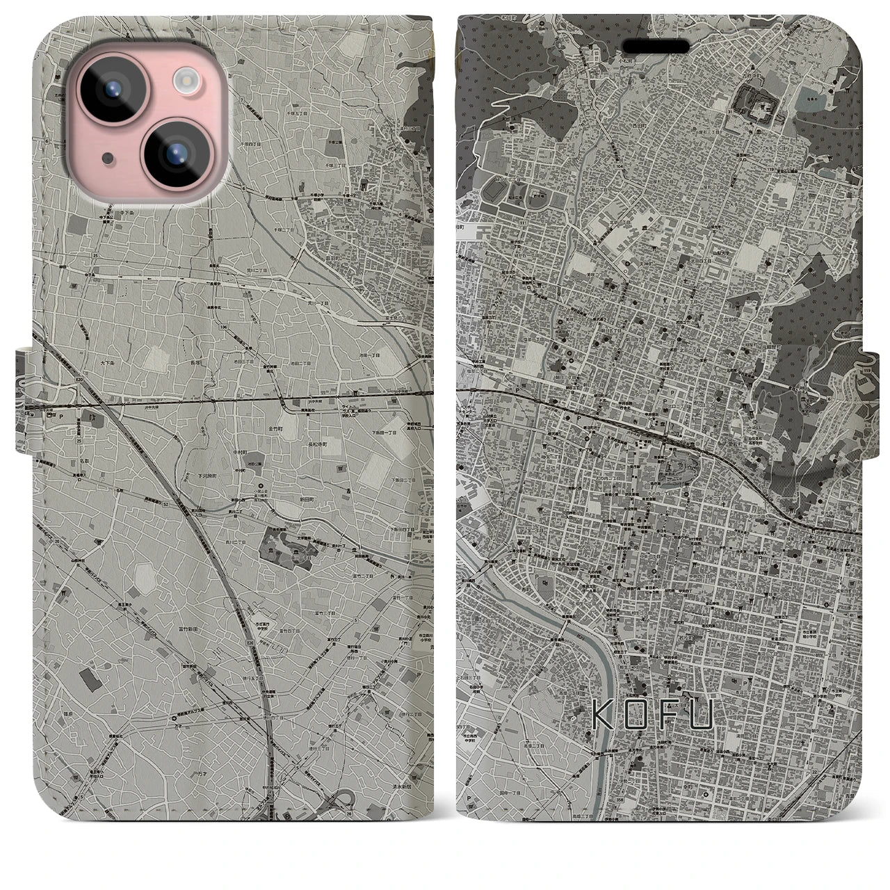 【甲府(山梨県)】地図柄iPhoneケース(手帳タイプ)モノトーン・iPhone 15 Plus 用