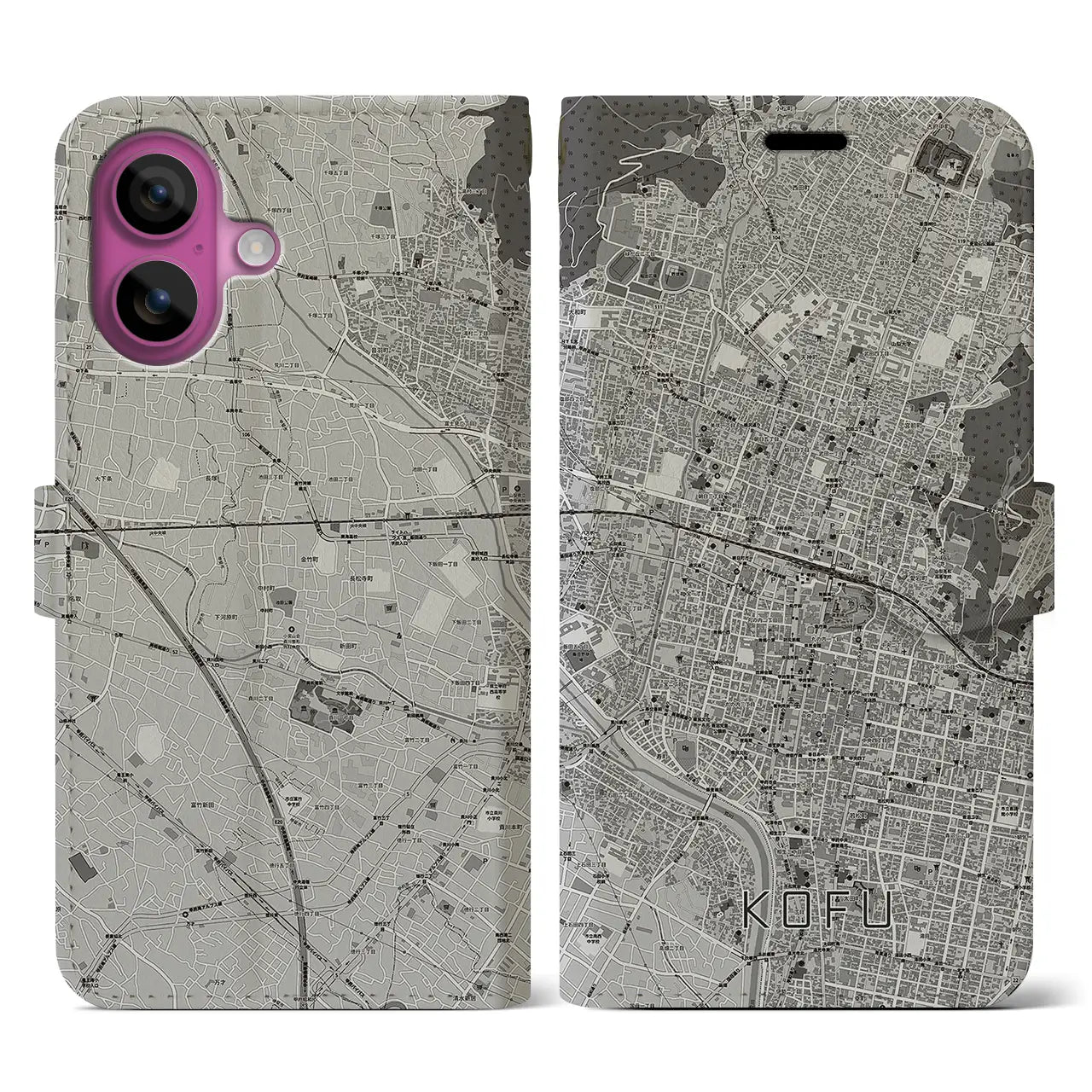 【甲府(山梨県)】地図柄iPhoneケース(手帳タイプ)モノトーン・iPhone 16 Pro 用