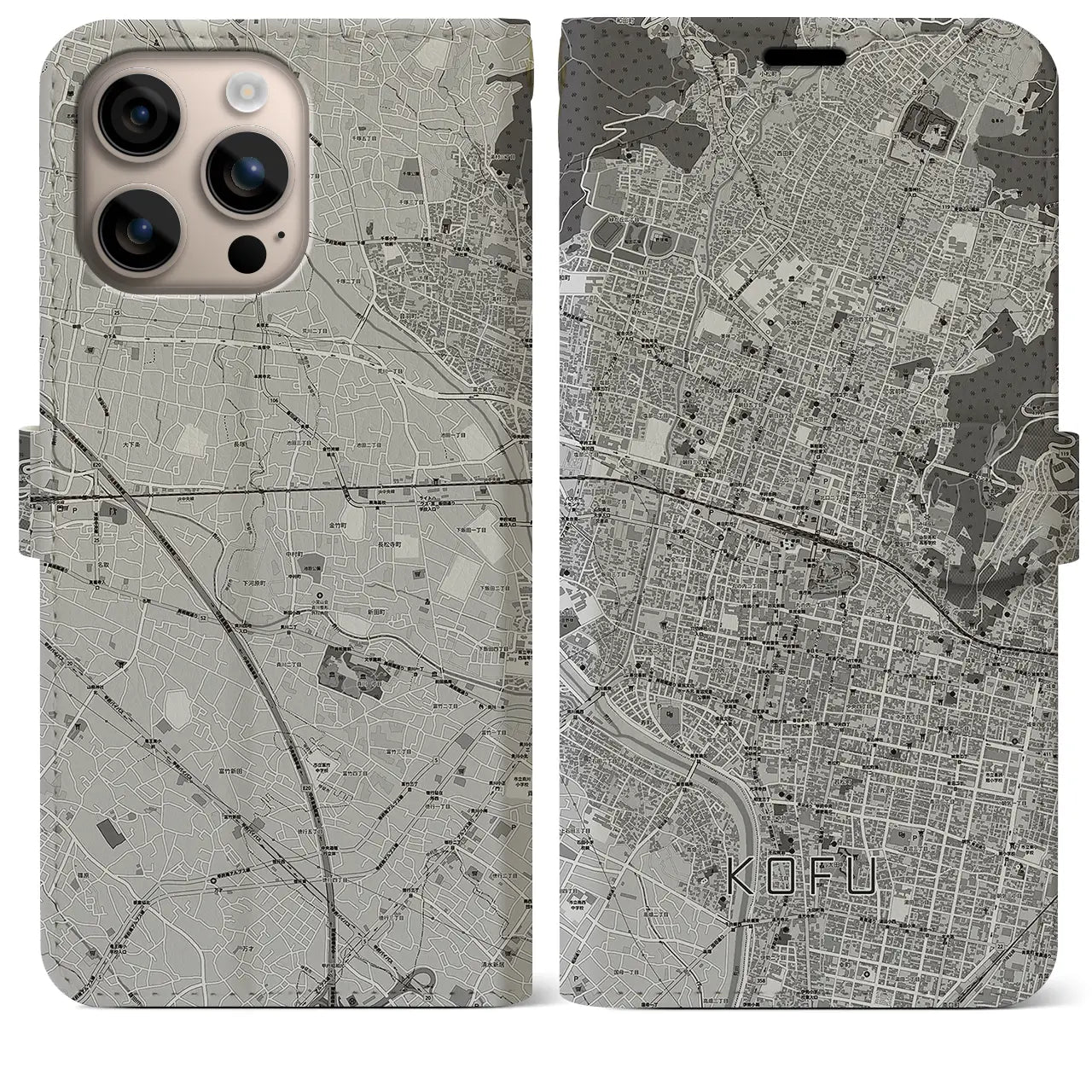 【甲府(山梨県)】地図柄iPhoneケース(手帳タイプ)モノトーン・iPhone 16 Plus 用