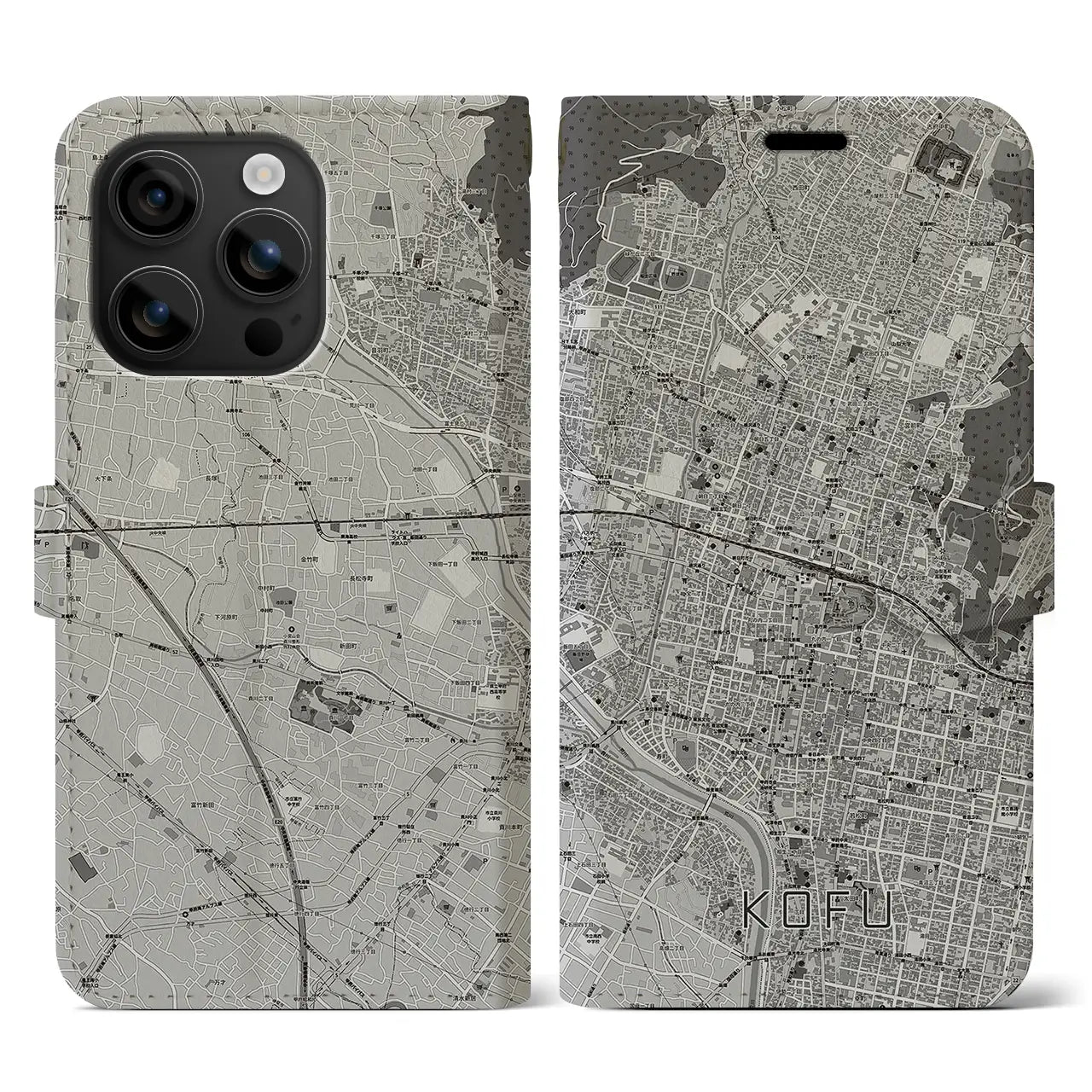 【甲府(山梨県)】地図柄iPhoneケース(手帳タイプ)モノトーン・iPhone 16 用
