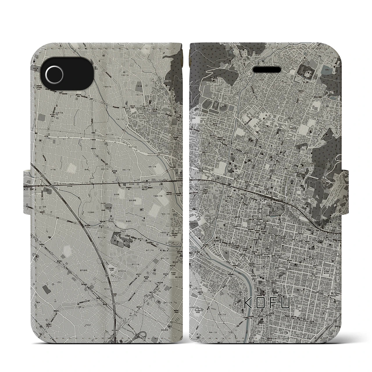 【甲府(山梨県)】地図柄iPhoneケース(手帳タイプ)モノトーン・iPhone SE(第3 / 第2世代) / 8 / 7 / 6s / 6 用