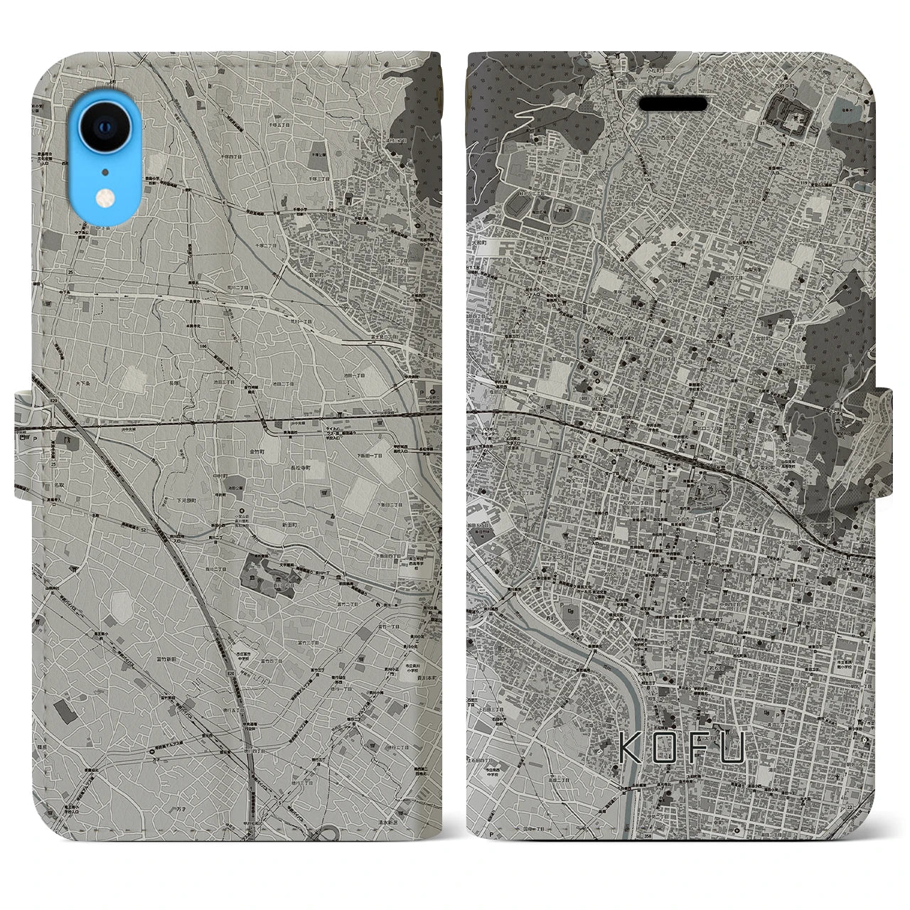 【甲府(山梨県)】地図柄iPhoneケース(手帳タイプ)モノトーン・iPhone XR 用