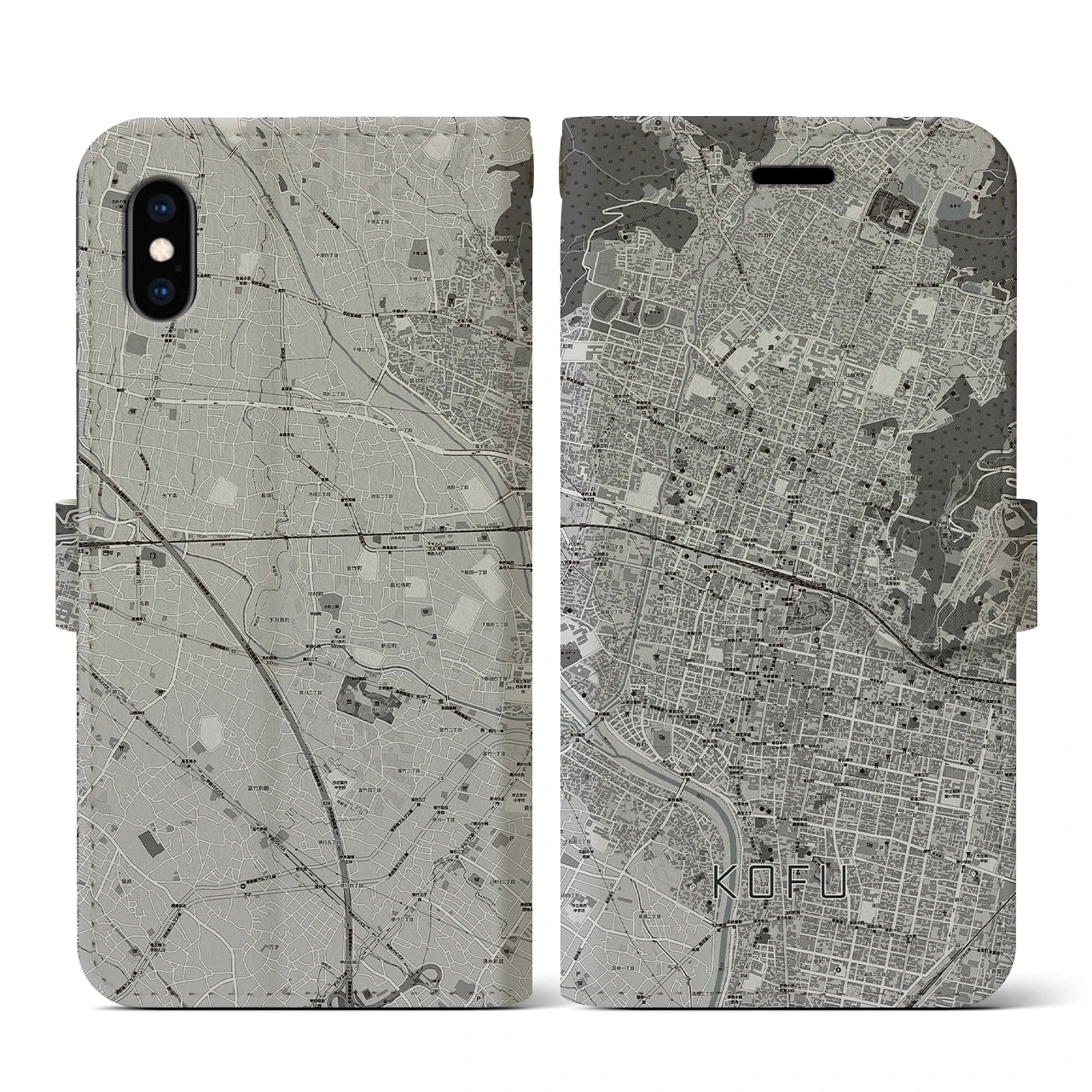 【甲府(山梨県)】地図柄iPhoneケース(手帳タイプ)モノトーン・iPhone XS / X 用