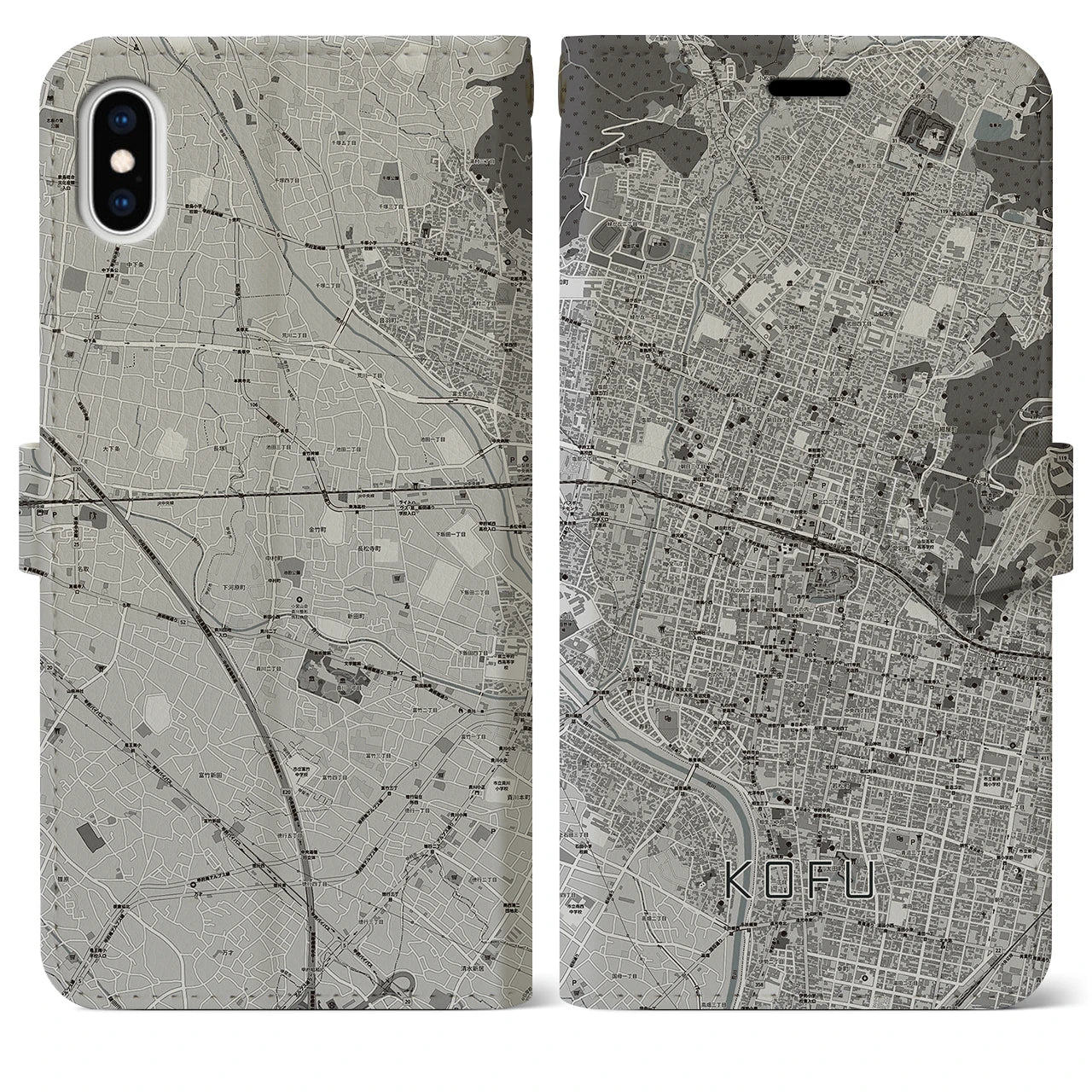 【甲府(山梨県)】地図柄iPhoneケース(手帳タイプ)モノトーン・iPhone XS Max 用