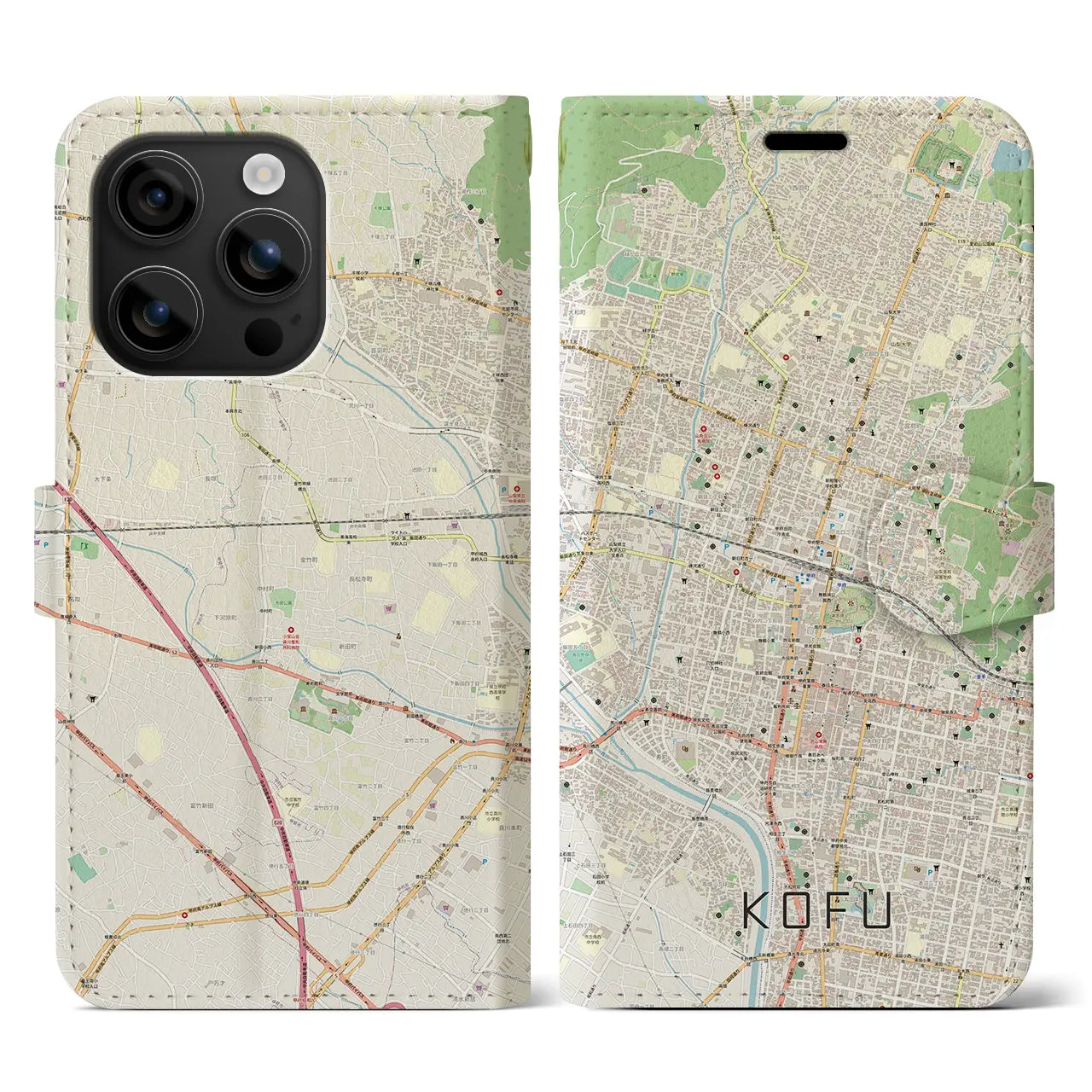 【甲府(山梨県)】地図柄iPhoneケース(手帳タイプ)ナチュラル・iPhone 16 用