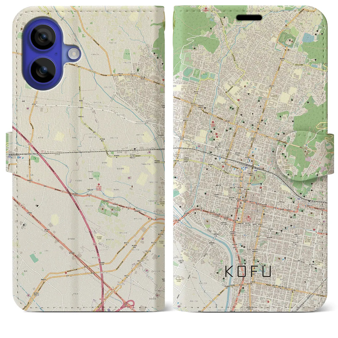 【甲府(山梨県)】地図柄iPhoneケース(手帳タイプ)ナチュラル・iPhone 16 Pro Max 用