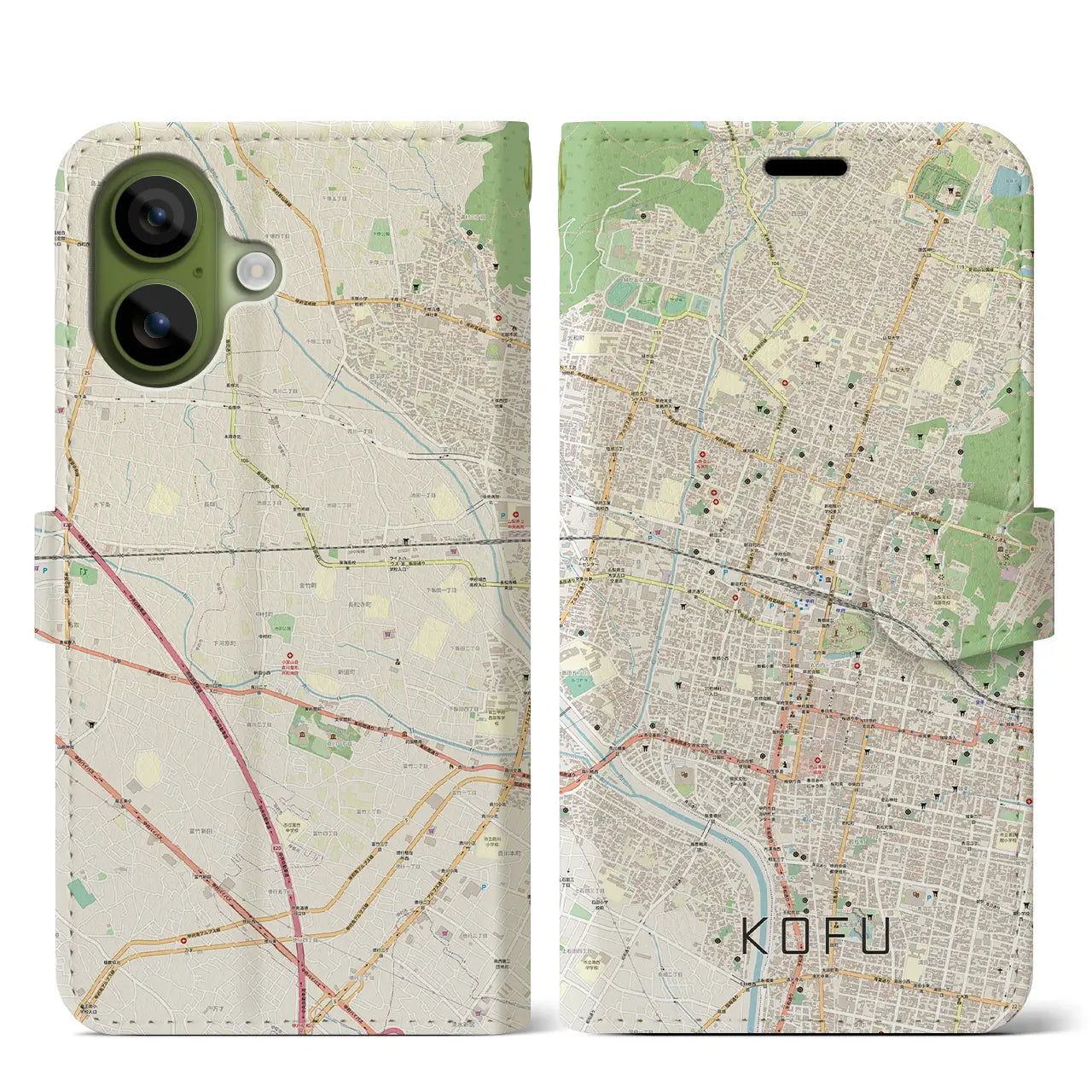 【甲府(山梨県)】地図柄iPhoneケース(手帳タイプ)ナチュラル・iPhone 17 Pro Max 用