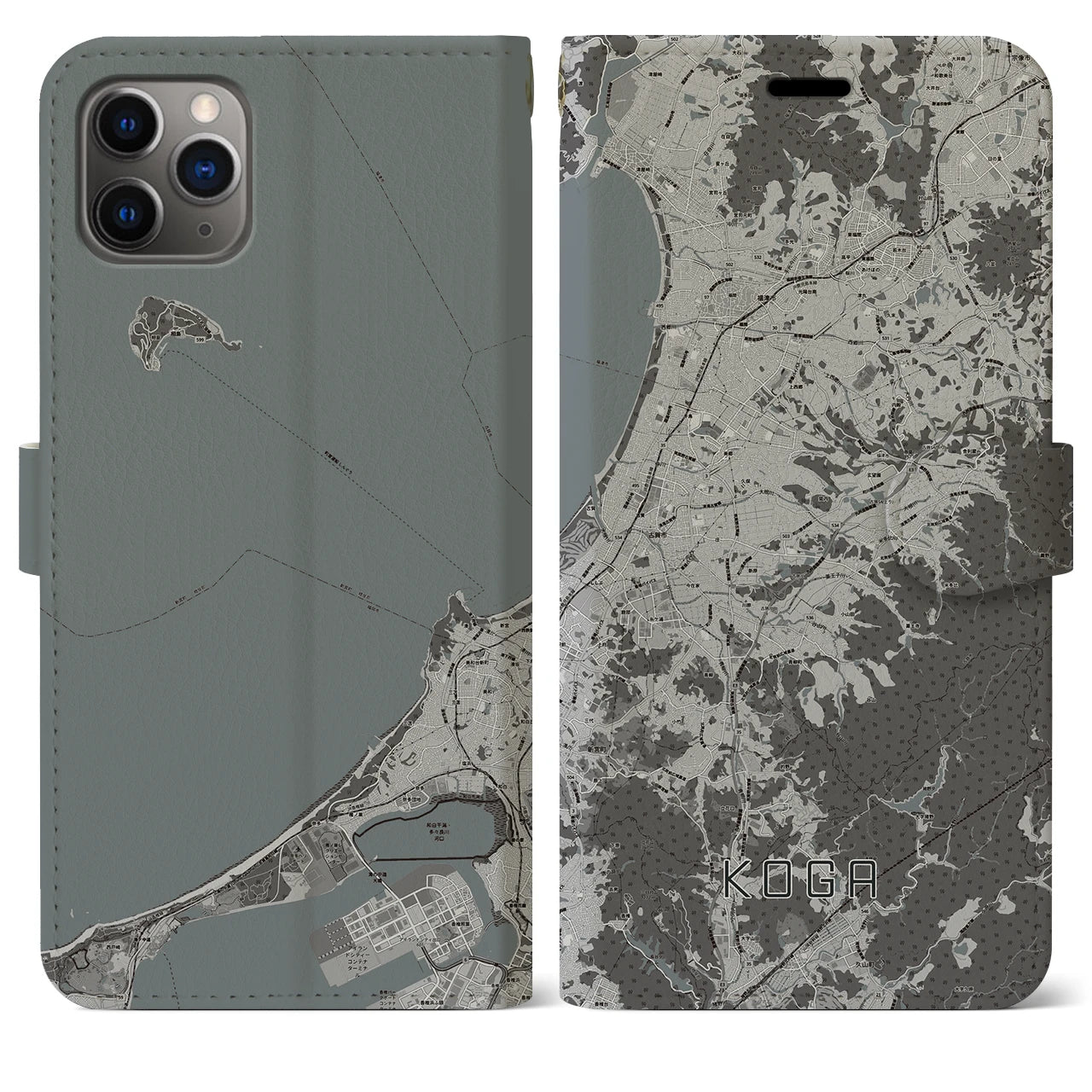 【古賀(福岡県)】地図柄iPhoneケース(手帳タイプ)モノトーン・iPhone 11 Pro Max 用