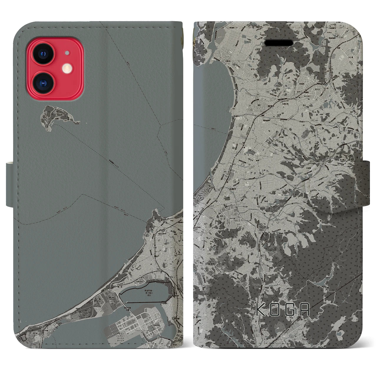 【古賀(福岡県)】地図柄iPhoneケース(手帳タイプ)モノトーン・iPhone 11 用