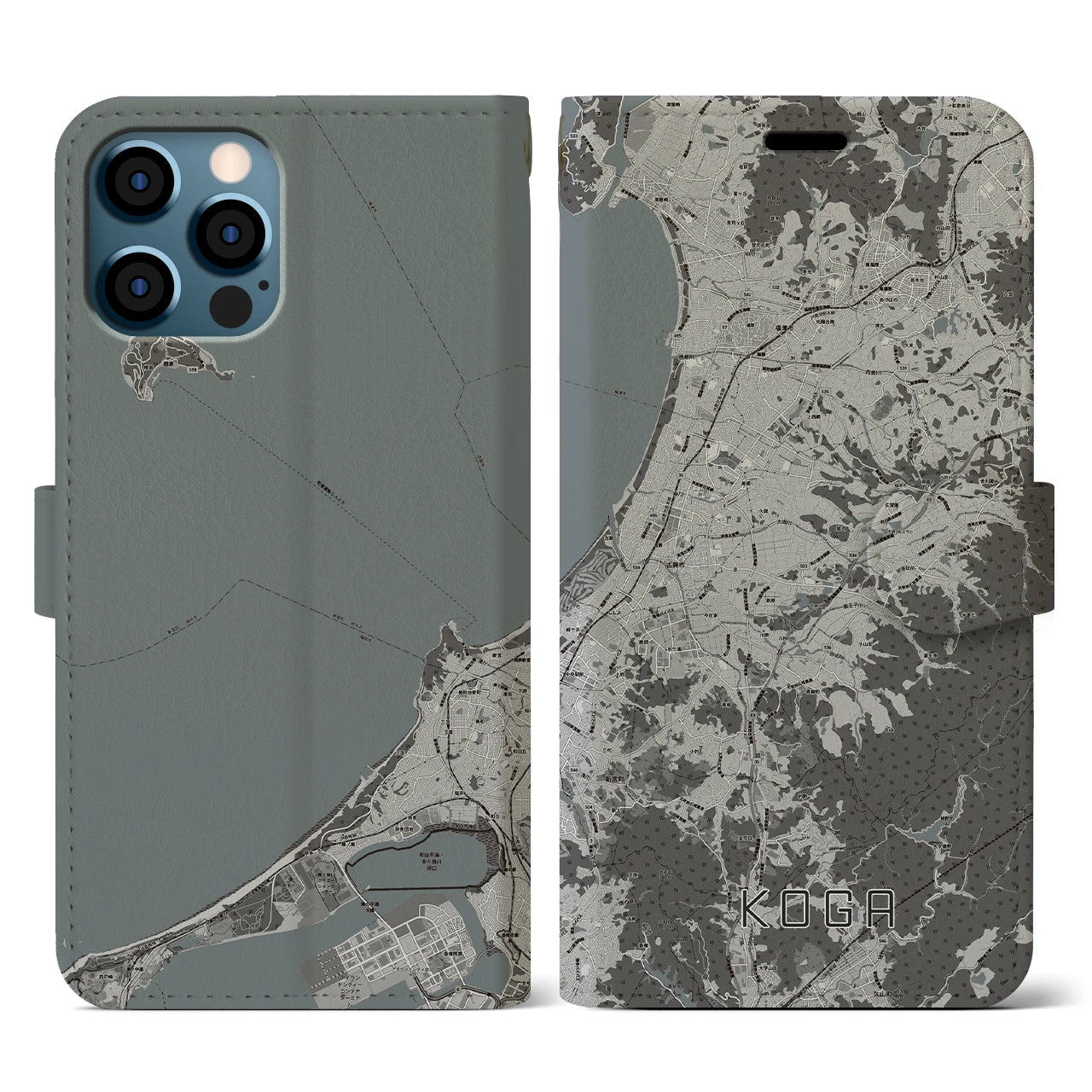 【古賀(福岡県)】地図柄iPhoneケース(手帳タイプ)モノトーン・iPhone 12 / 12 Pro 用