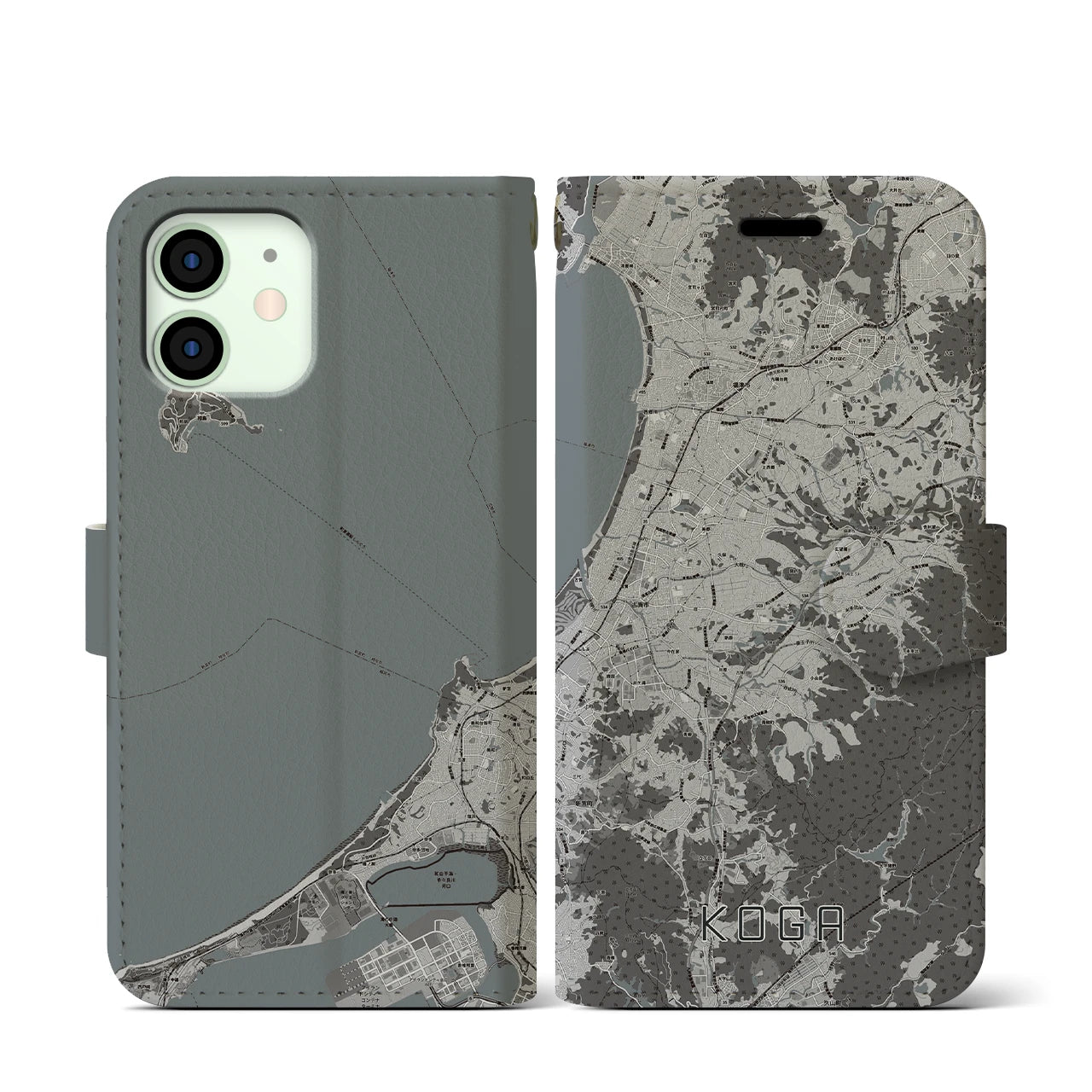 【古賀(福岡県)】地図柄iPhoneケース(手帳タイプ)モノトーン・iPhone 12 mini 用