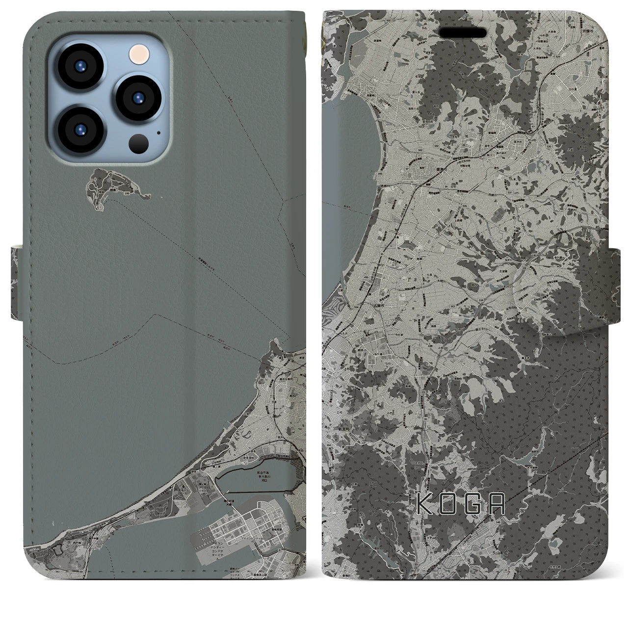 【古賀(福岡県)】地図柄iPhoneケース(手帳タイプ)モノトーン・iPhone 13 Pro Max 用