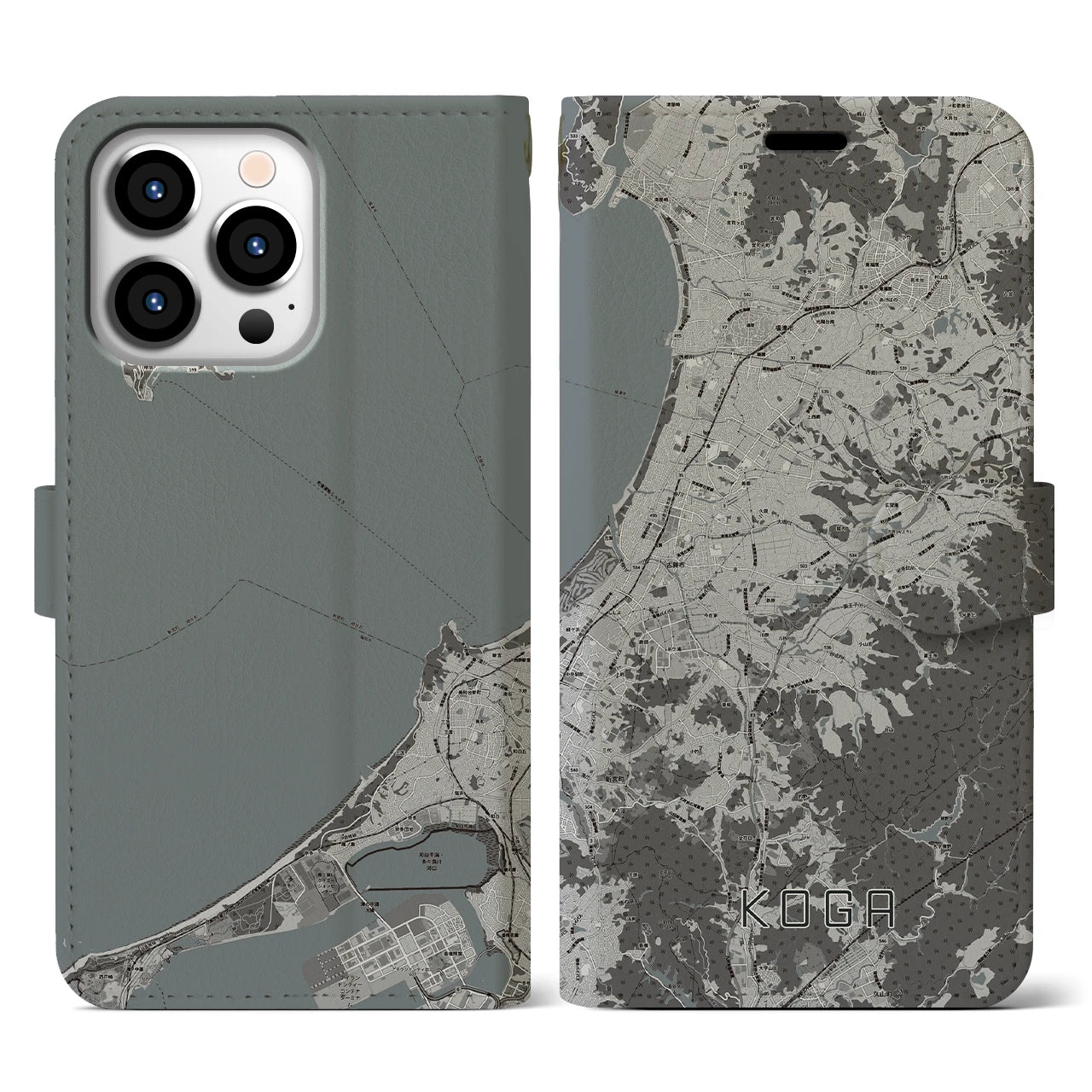 【古賀(福岡県)】地図柄iPhoneケース(手帳タイプ)モノトーン・iPhone 13 Pro 用