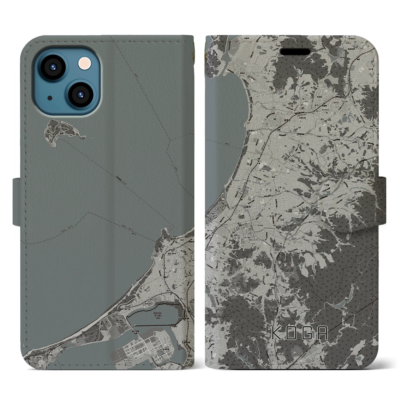 【古賀(福岡県)】地図柄iPhoneケース(手帳タイプ)モノトーン・iPhone 13 用
