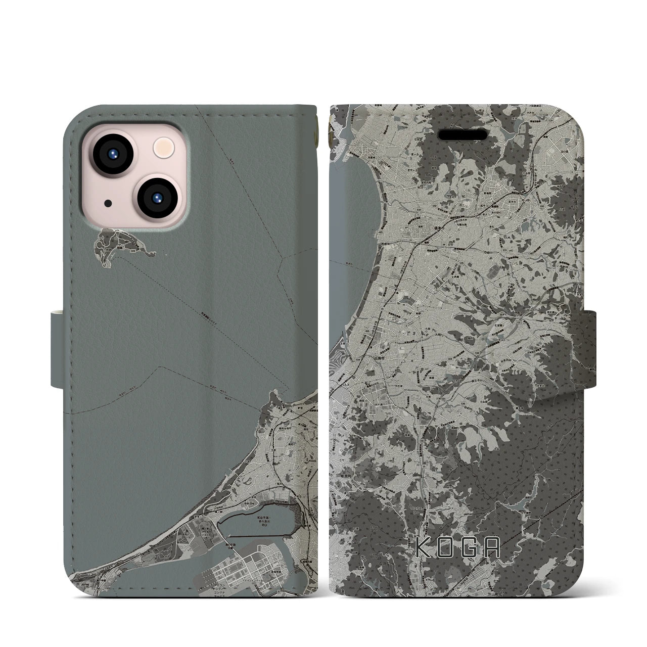 【古賀(福岡県)】地図柄iPhoneケース(手帳タイプ)モノトーン・iPhone 13 mini 用