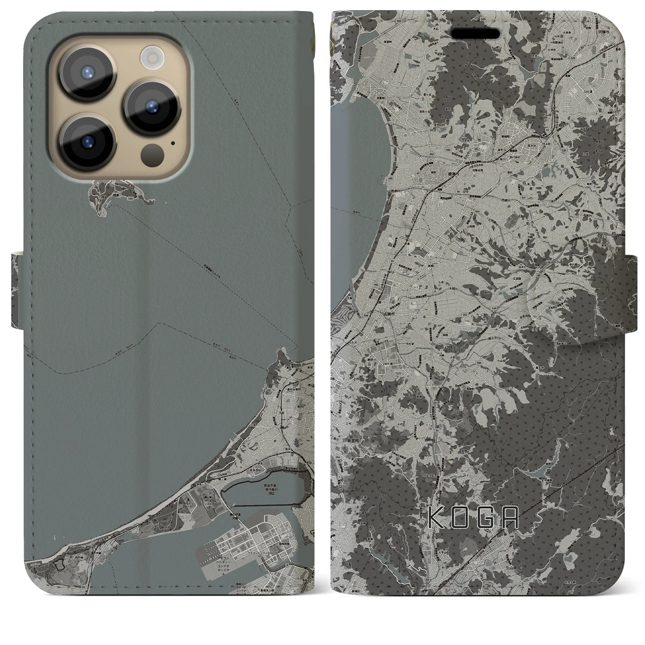 【古賀(福岡県)】地図柄iPhoneケース(手帳タイプ)モノトーン・iPhone 14 Pro Max 用