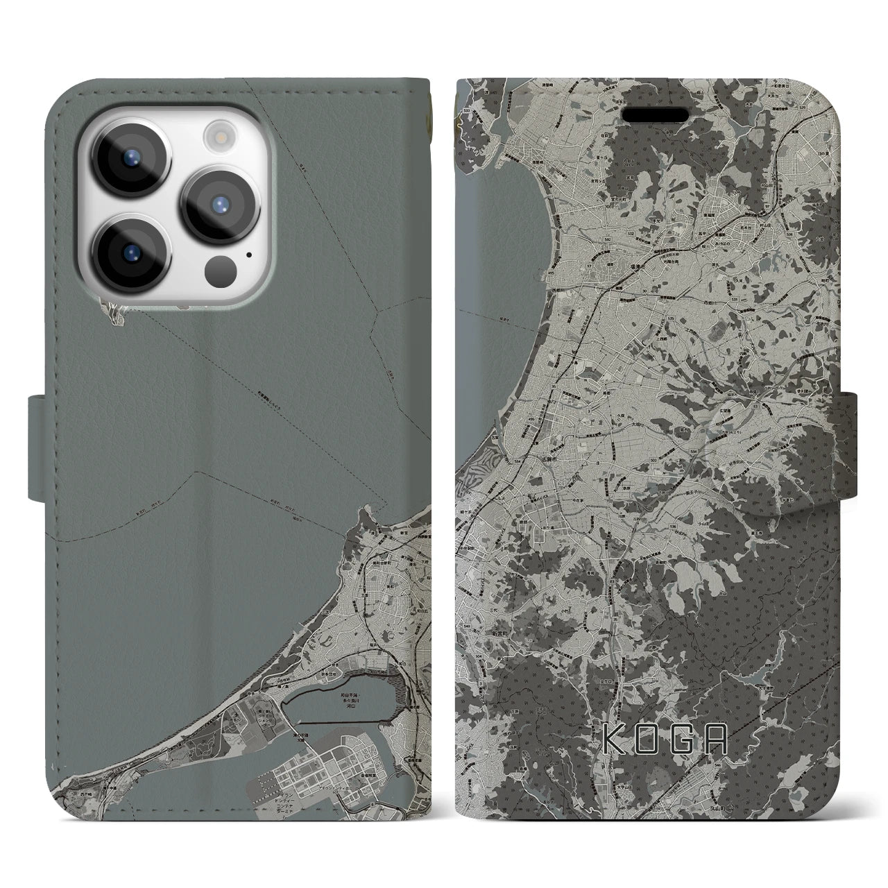 【古賀(福岡県)】地図柄iPhoneケース(手帳タイプ)モノトーン・iPhone 14 Pro 用