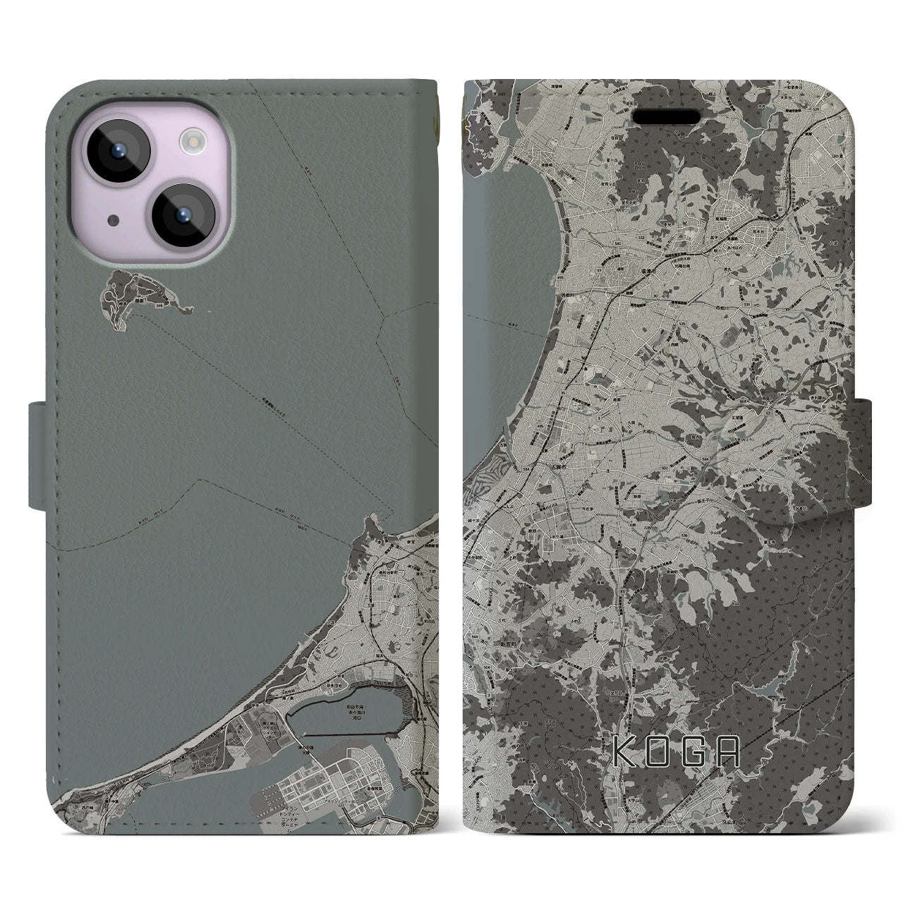 【古賀(福岡県)】地図柄iPhoneケース(手帳タイプ)モノトーン・iPhone 14 用