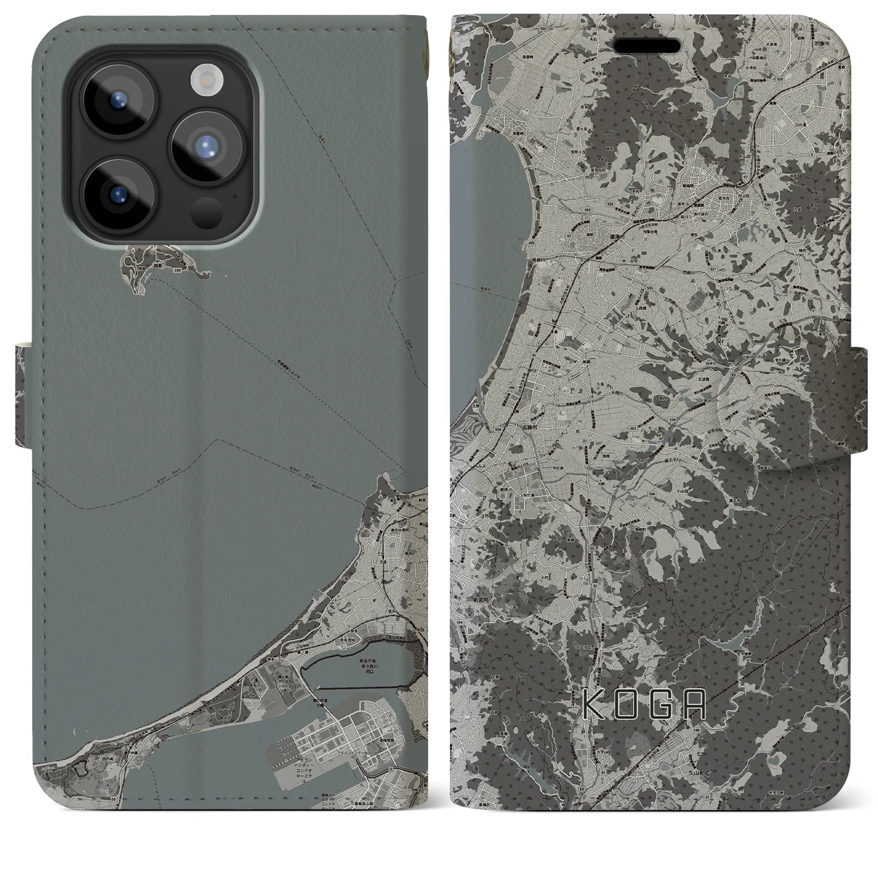 【古賀(福岡県)】地図柄iPhoneケース(手帳タイプ)モノトーン・iPhone 15 Pro Max 用